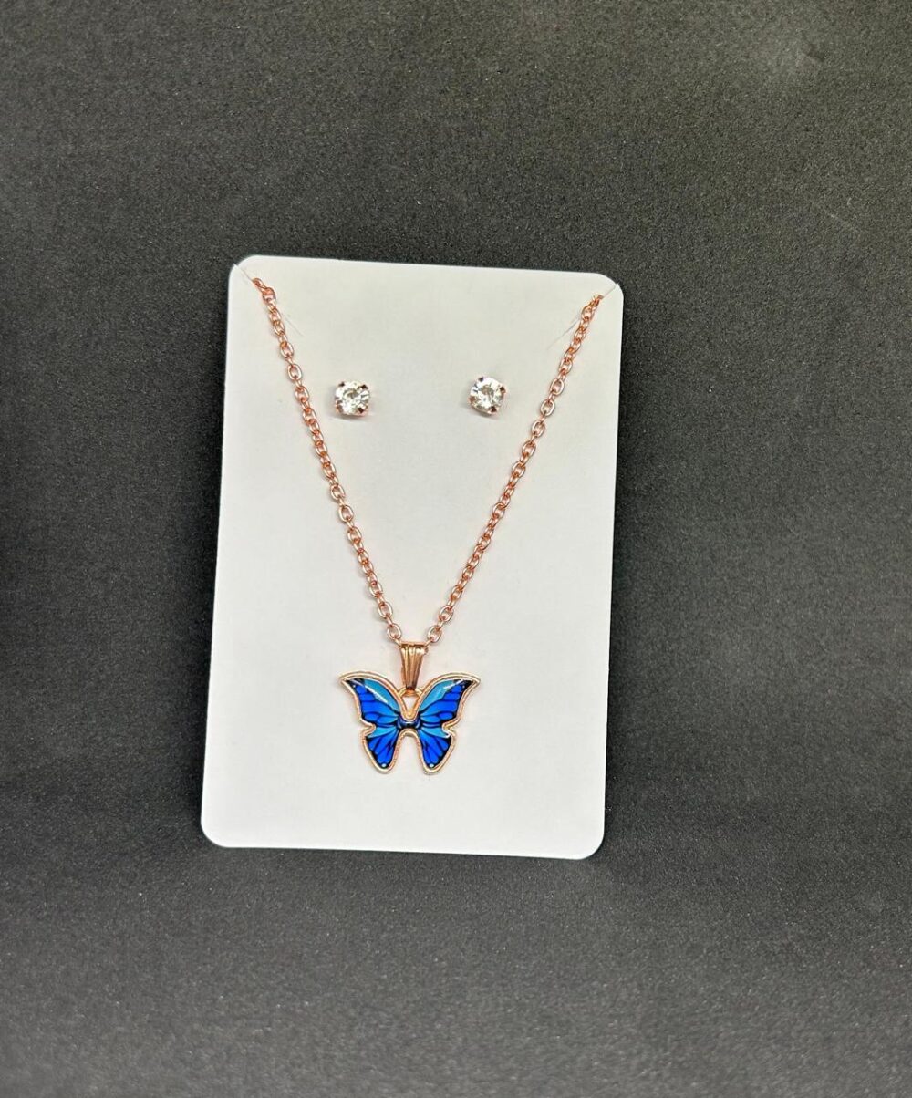 BLUE Butterfly Pendant Chain & Earrings Set