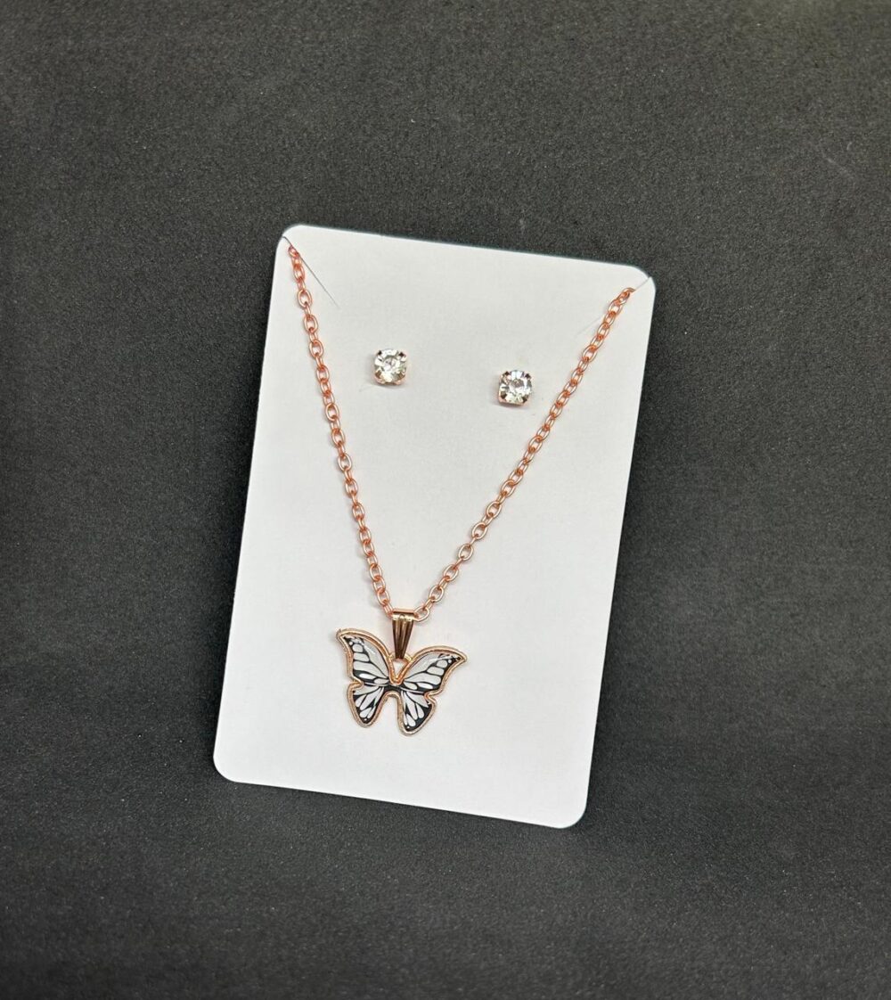 SILVER Butterfly Pendant Chain & Earrings Set