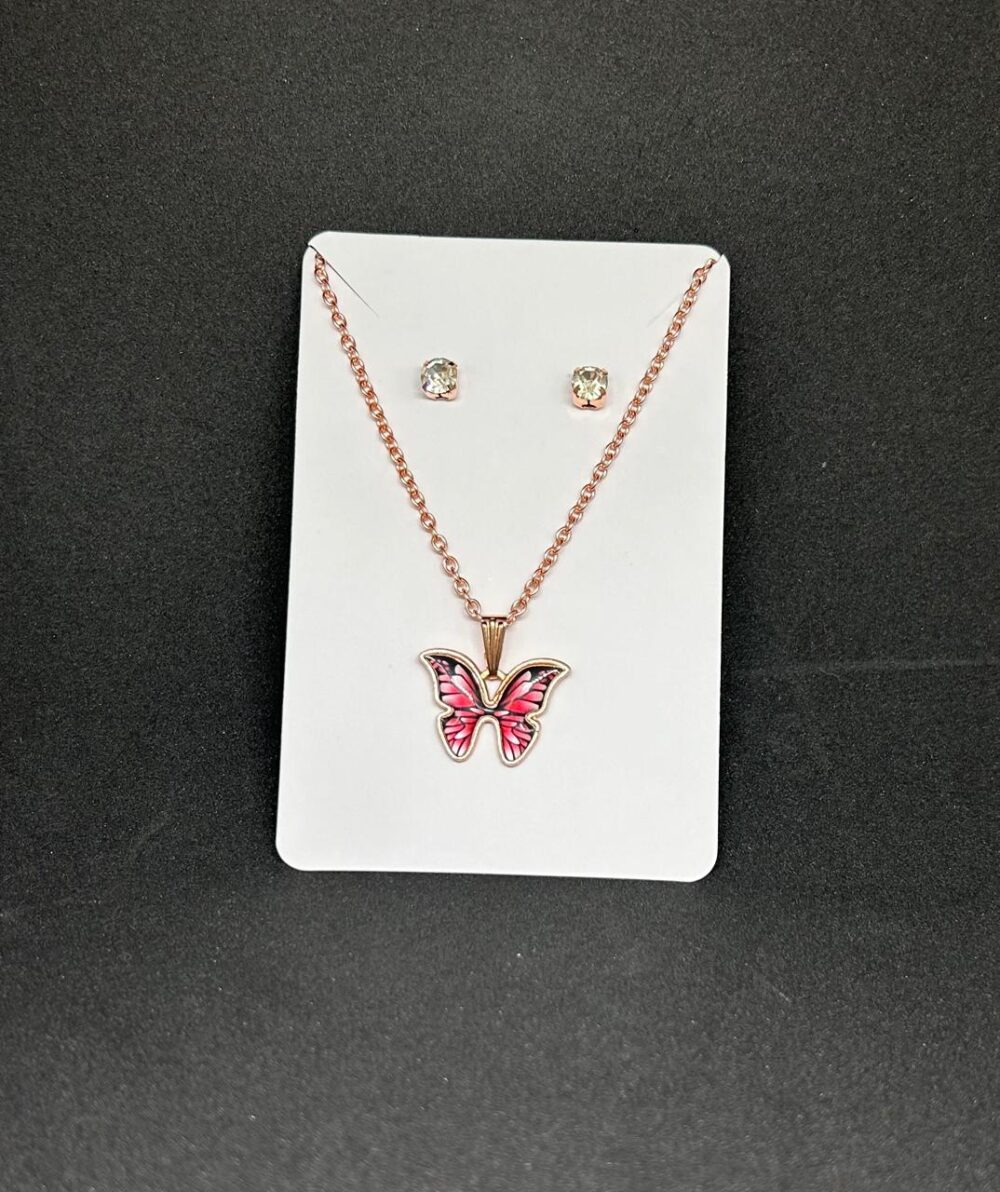 RED Butterfly Pendant Chain & Earrings Set