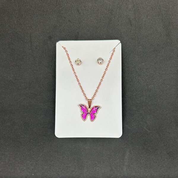 Pink Butterfly Pendant Chain & Earrings Set